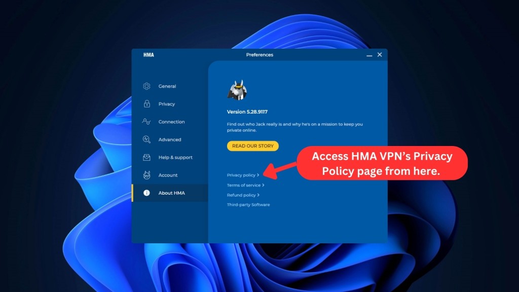 About HMA section on Windows PC
