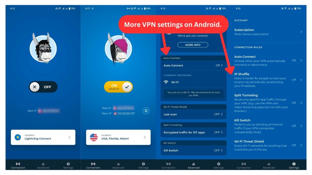 Android interface of HMA VPN