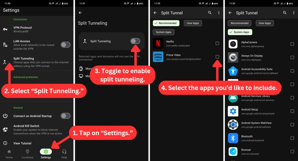 Enabling IPVanish split tunneling feature on Android
