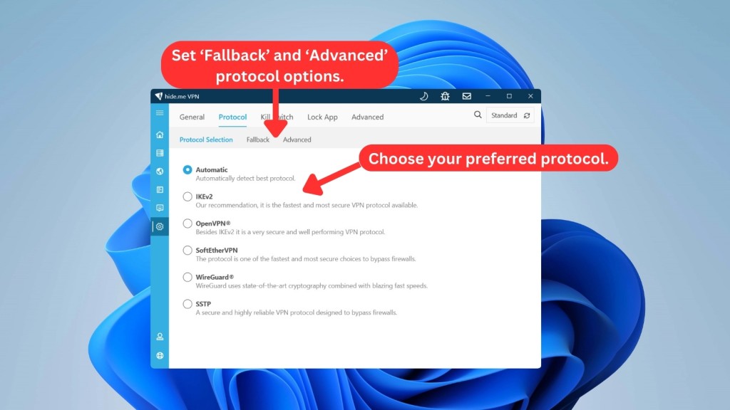 hide.me VPN protocol selection on Windows