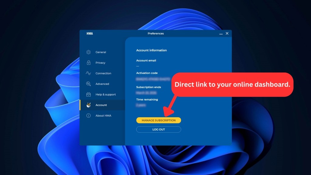 HMA VPN Account menu on Windows PC