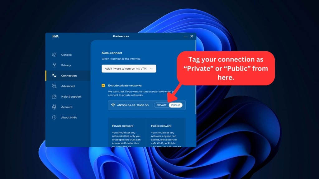 HMA VPN Connection Preferences on Windows