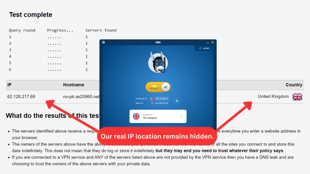 HMA VPN DNS leak test