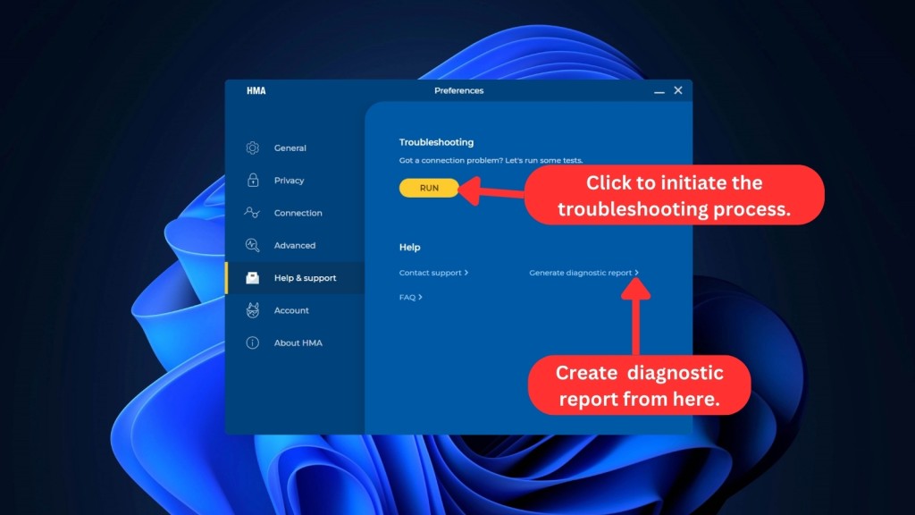 HMA VPN Help and Support menu on Windows