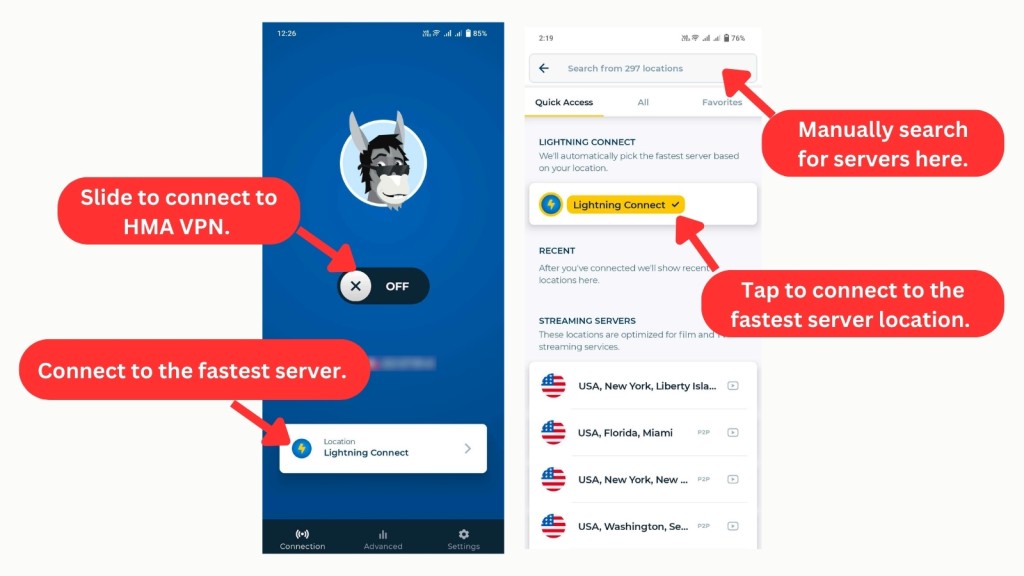 HMA VPN Lightning Connect feature on Android