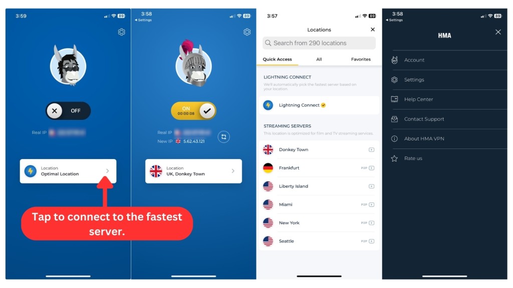 iOS interface of HMA VPN