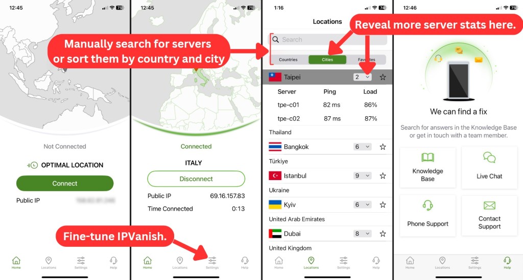 IPVanish VPN interface on iOS