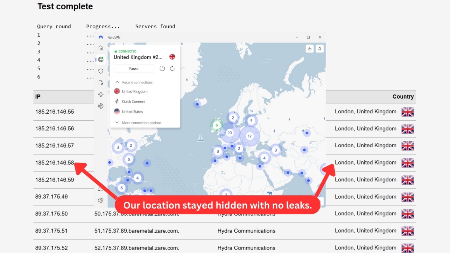 NordVPN DNS leak test result showing no leaks