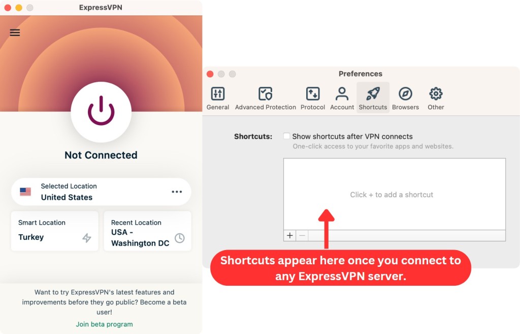 Showing ExpressVPN Shortcuts