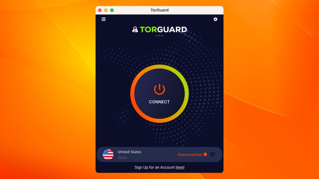 TorGuard VPN home screen on Mac