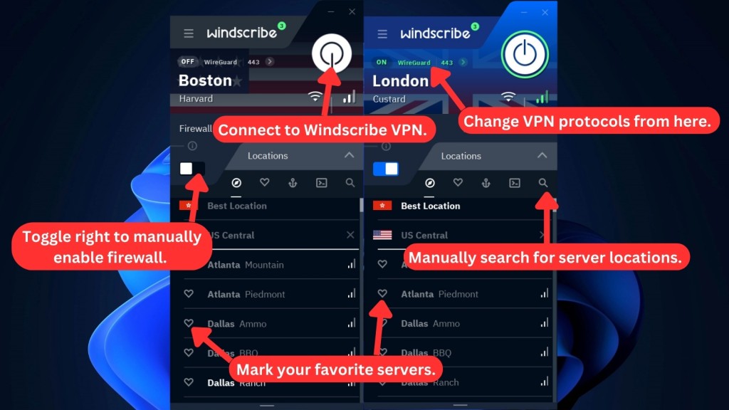 Windscribe user interface on Windows