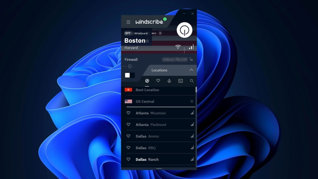 Windscribe VPN home screen on Windows