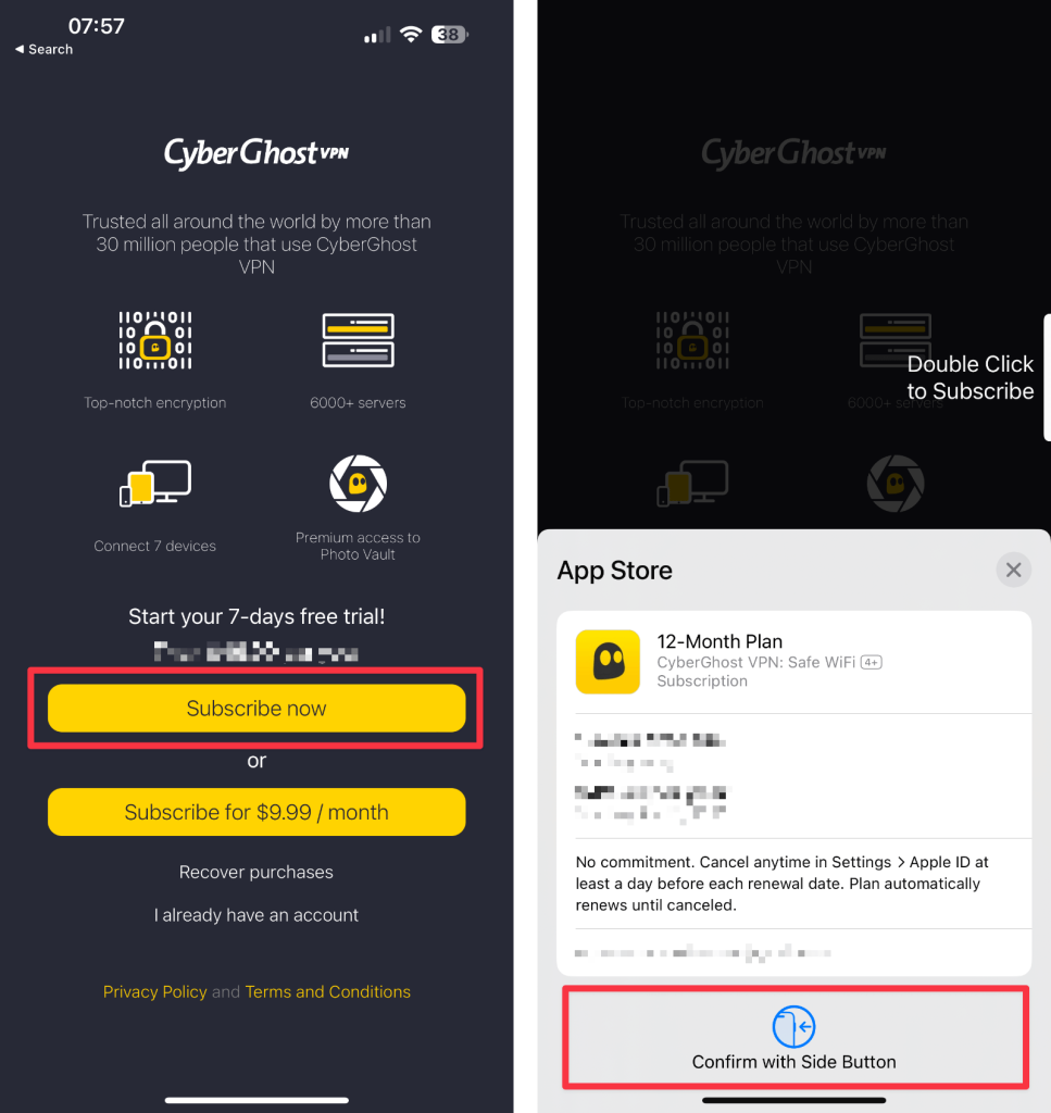 Signing Up for CyberGhost VPN Trial on iPhone