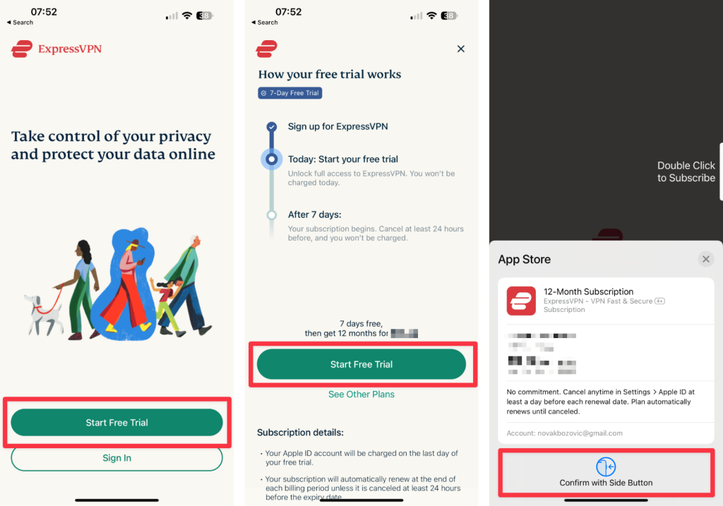 Signing Up for ExpressVPN Trial on iPhone