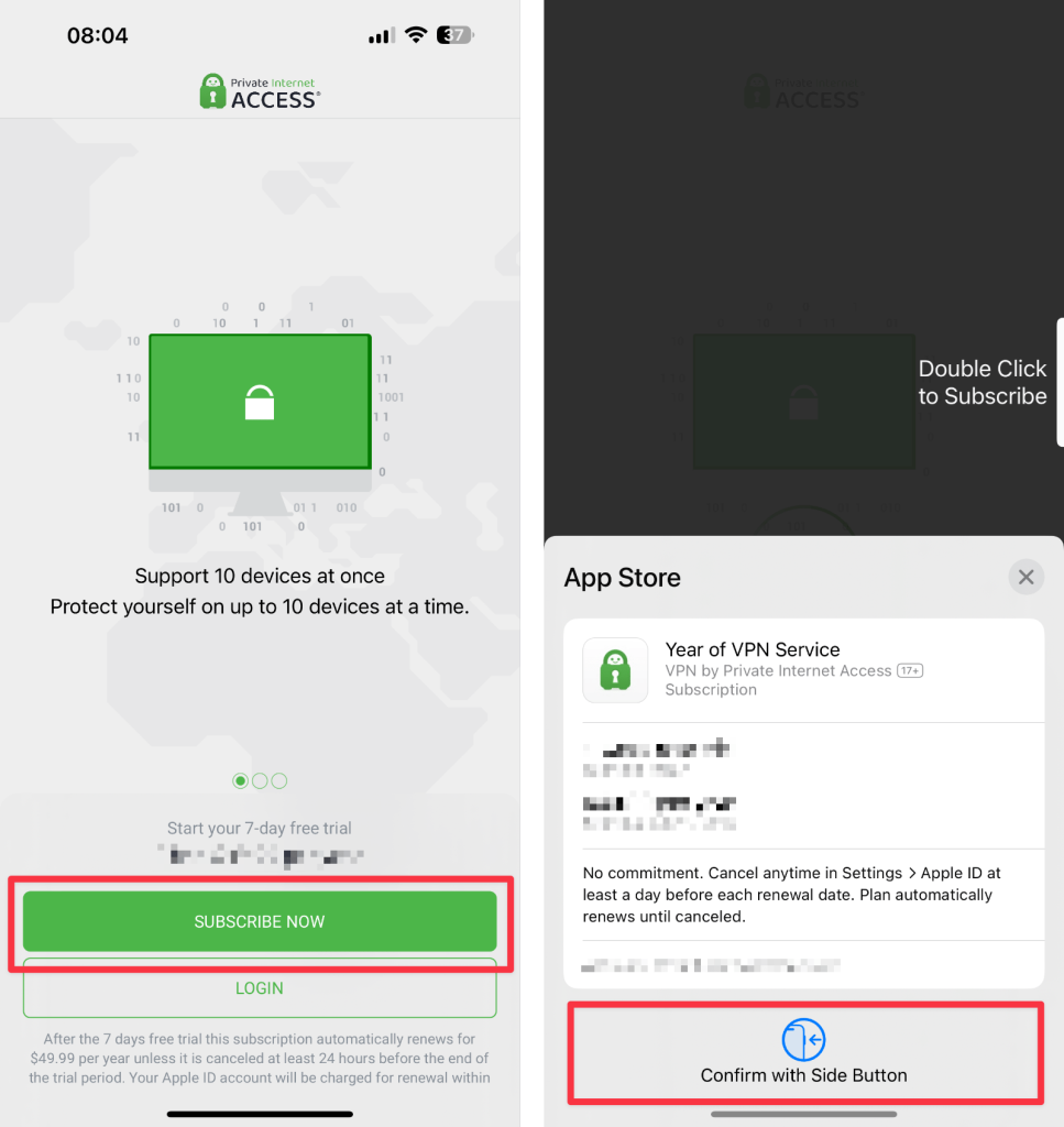 Signing Up for PIA VPN Trial on iPhone